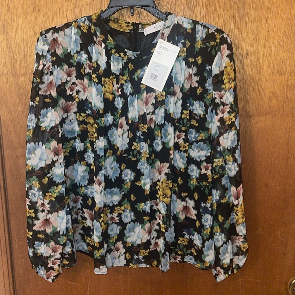 Mango Black Floral Pleated Long-Sleeve Blouse with Blue and Yellow Blooms